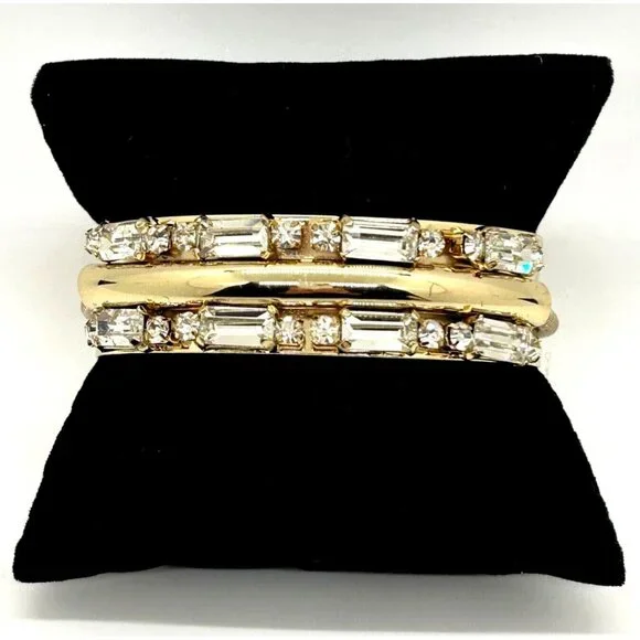 Gold-tone Cuff Bracelet Art Deco Style with Mirror Finish Crystal Baguettes - Picture 2 of 11